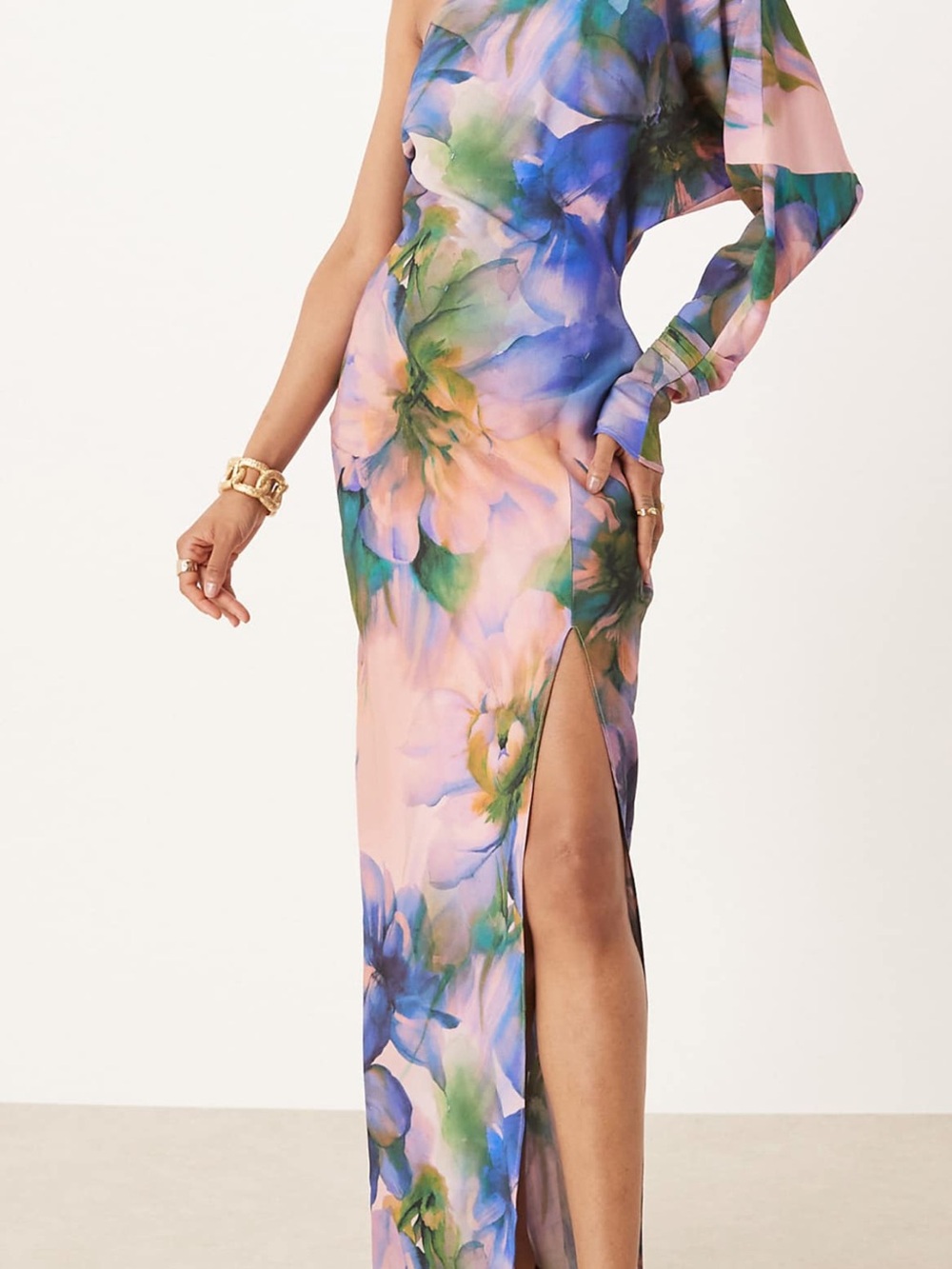 ASOS One-Shoulder Floral Maxi Dress in Pink, Blue and Green